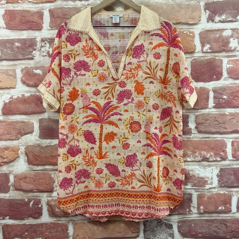 Haute Hippie Top Women's Small Tan Multicolor Tropical Boho Floral Birds Shirt